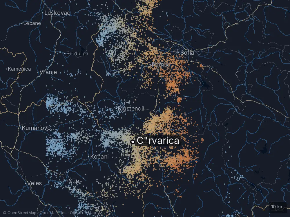 Karte der Blitze bei C"rvarica am Samstag, 18. Juli 2026