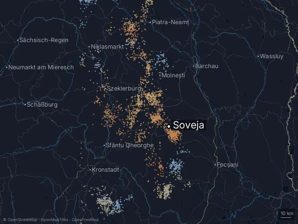 Karte der Blitze bei Soveja am Samstag, 18. Juli 2026