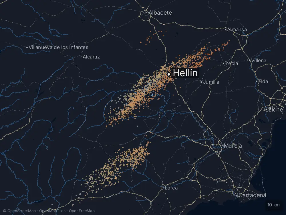 Karte der Blitze bei Hellín am Montag, 20. Juli 2026
