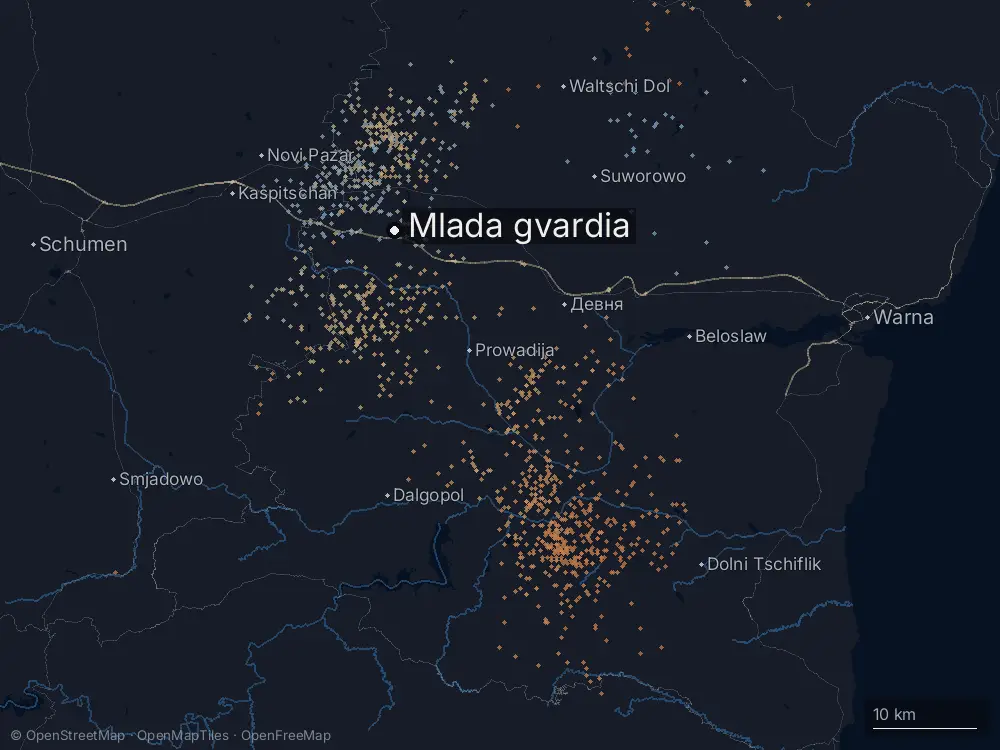 Karte der Blitze bei Mlada gvardia am Montag, 20. Juli 2026