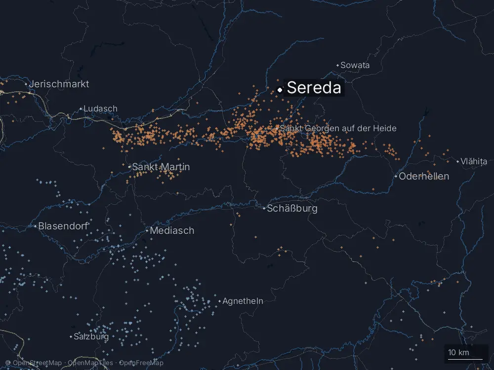 Karte der Blitze bei Sereda am Montag, 20. Juli 2026