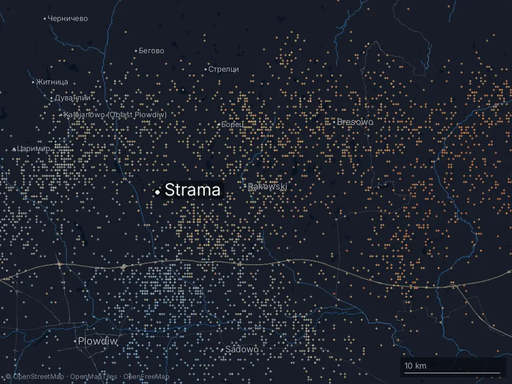 Karte der Blitze bei Strama am Montag, 20. Juli 2026