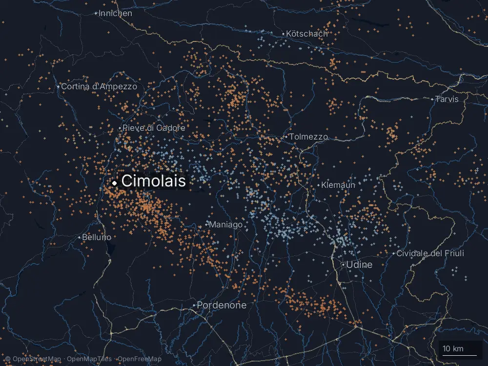 Karte der Blitze bei Cimolais am Dienstag, 21. Juli 2026
