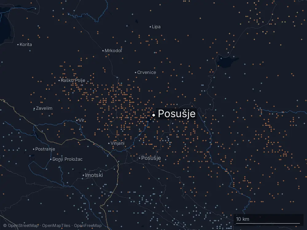 Karte der Blitze bei Posušje am Dienstag, 21. Juli 2026