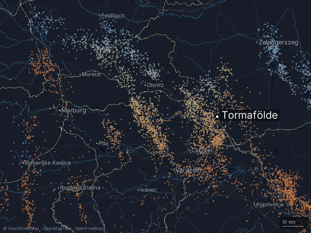 Karte der Blitze bei Tormafölde am Donnerstag, 23. Juli 2026