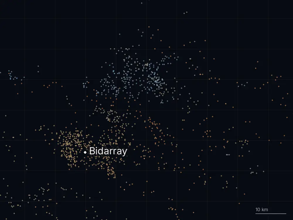Karte der Blitze bei Bidarray am Samstag, 25. Juli 2026
