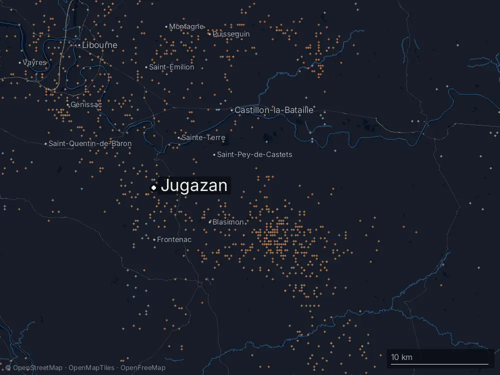 Karte der Blitze bei Jugazan am Samstag, 25. Juli 2026