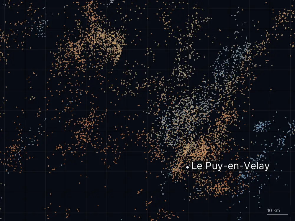Karte der Blitze bei Le Puy-en-Velay am Samstag, 25. Juli 2026