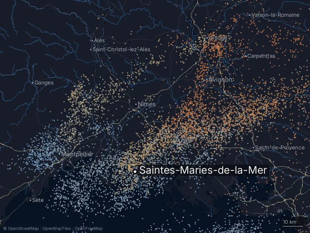 Karte der Blitze bei Saintes-Maries-de-la-Mer am Samstag, 25. Juli 2026