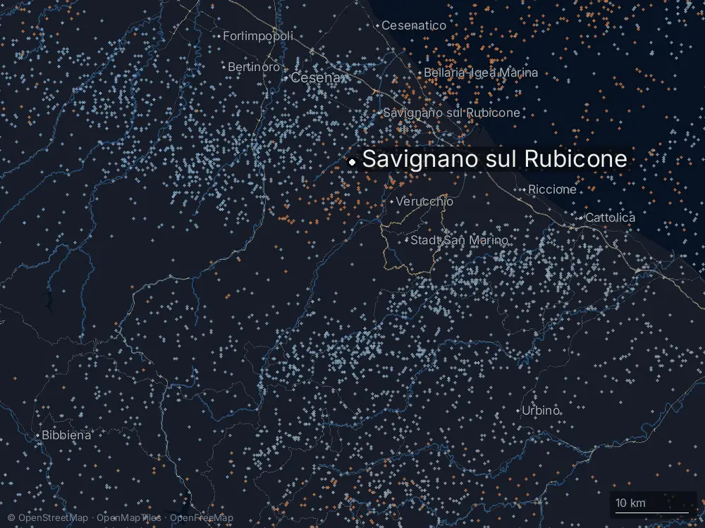 Karte der Blitze bei Savignano sul Rubicone am Sonntag, 26. Juli 2026