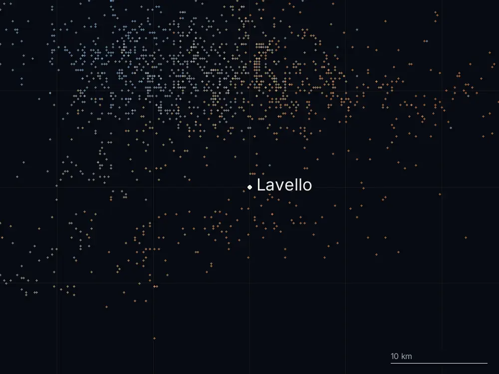 Karte der Blitze bei Lavello am Montag, 27. Juli 2026