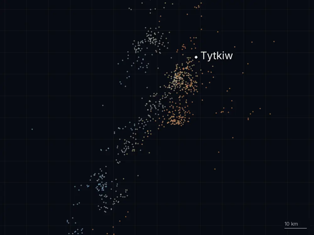 Karte der Blitze bei Tytkiw am Montag, 27. Juli 2026