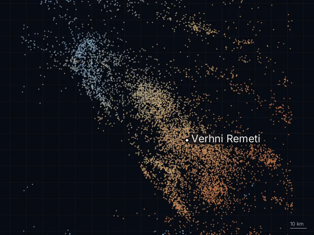 Karte der Blitze bei Verhni Remeti am Montag, 27. Juli 2026