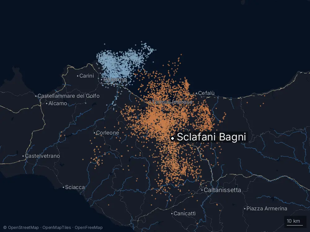 Karte der Blitze bei Sclafani Bagni am Dienstag, 28. Juli 2026