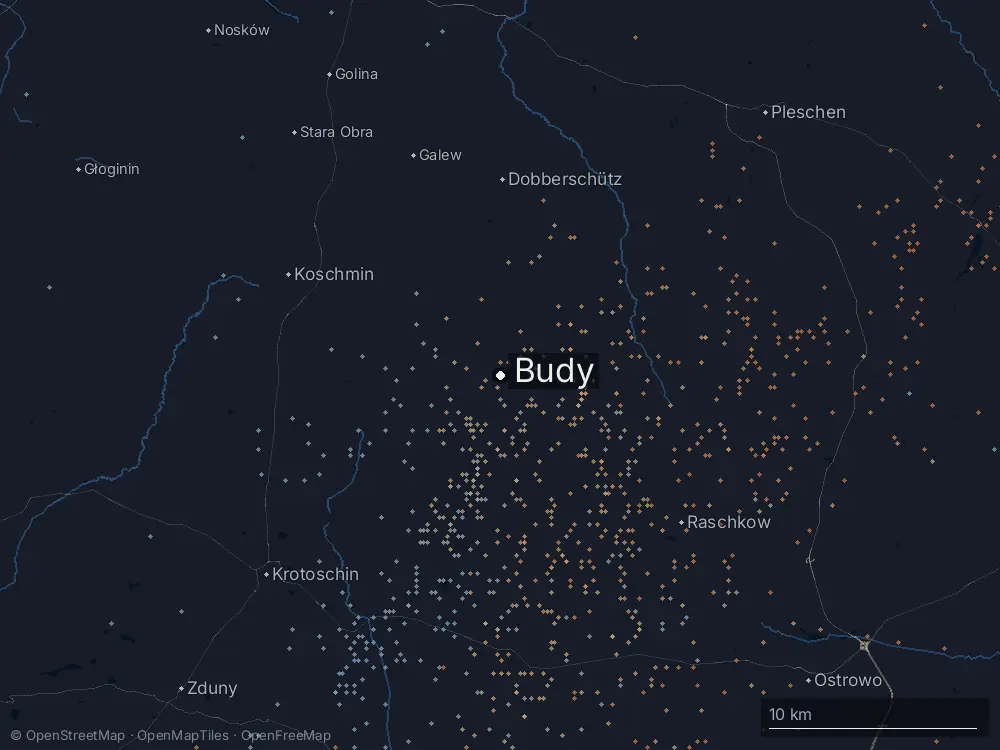 Karte der Blitze bei Budy am Freitag, 31. Juli 2026