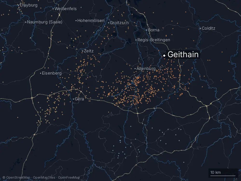 Karte der Blitze bei Geithain am Freitag, 31. Juli 2026