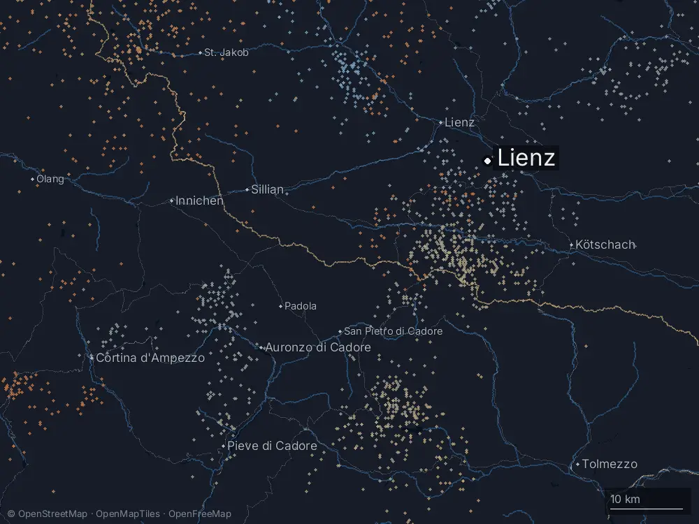 Karte der Blitze bei Lienz am Freitag, 31. Juli 2026
