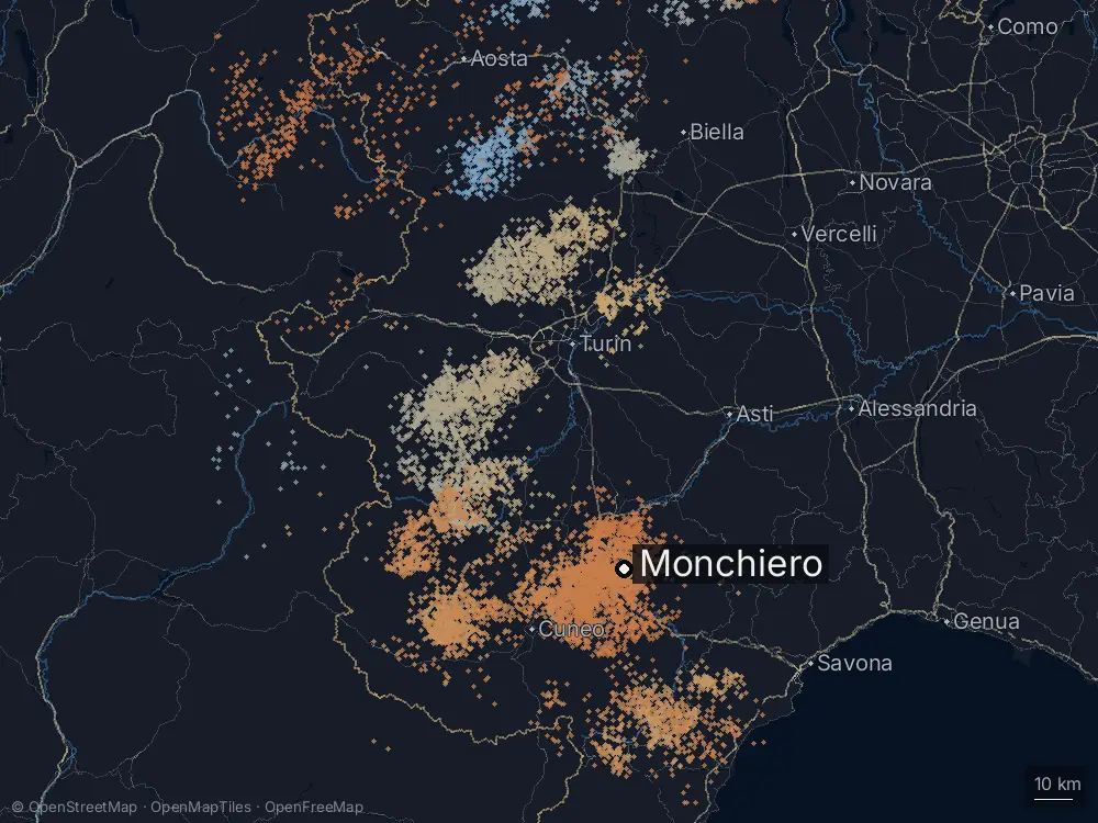 Karte der Blitze bei Monchiero am Freitag, 31. Juli 2026
