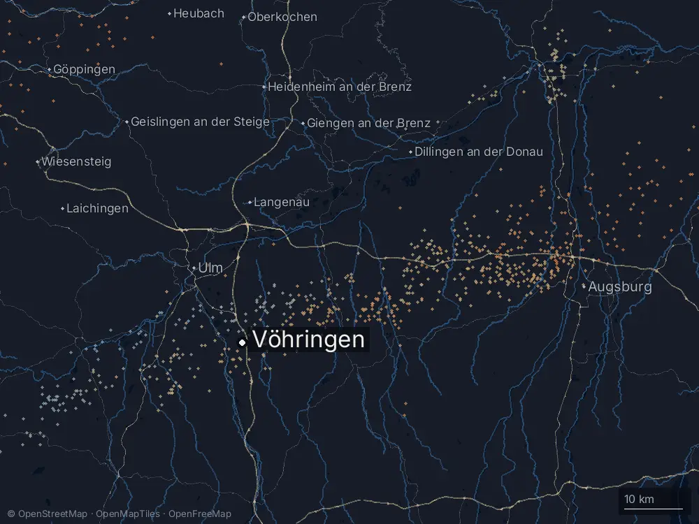Karte der Blitze bei Vöhringen am Freitag, 31. Juli 2026
