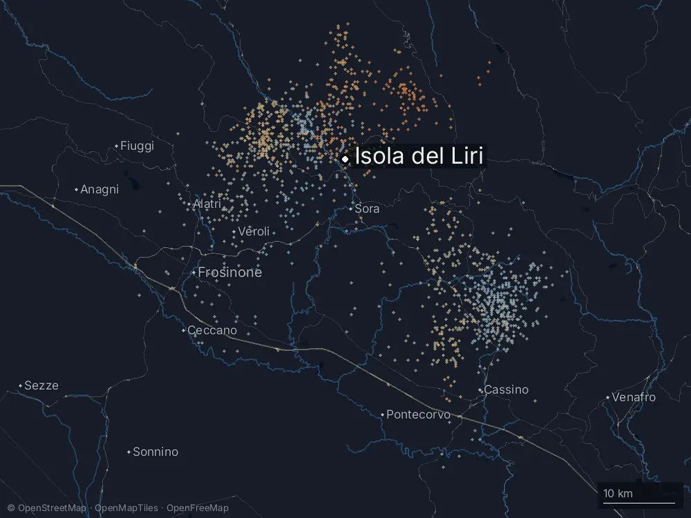 Karte der Blitze bei Isola del Liri am Samstag, 1. August 2026