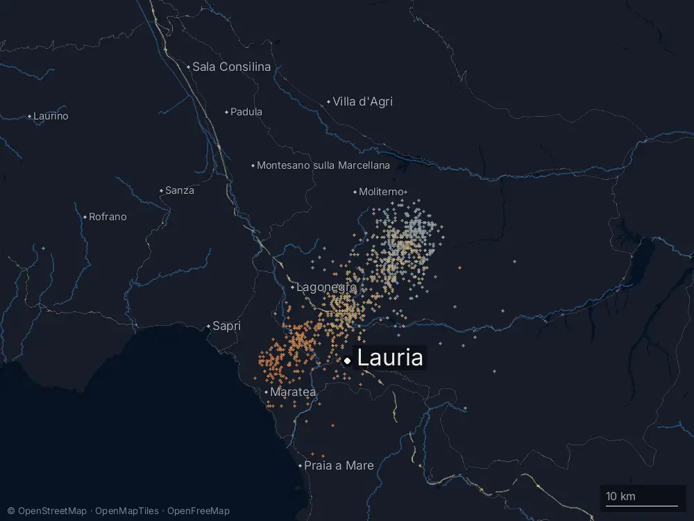 Karte der Blitze bei Lauria am Samstag, 1. August 2026