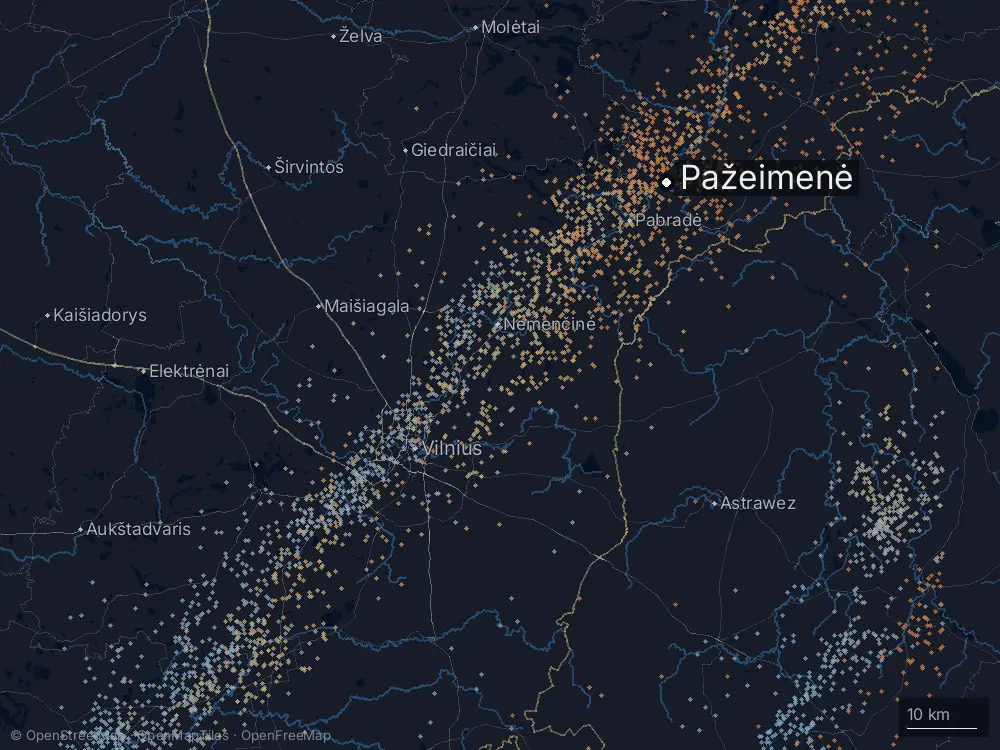 Karte der Blitze bei Pažeimenė am Samstag, 1. August 2026