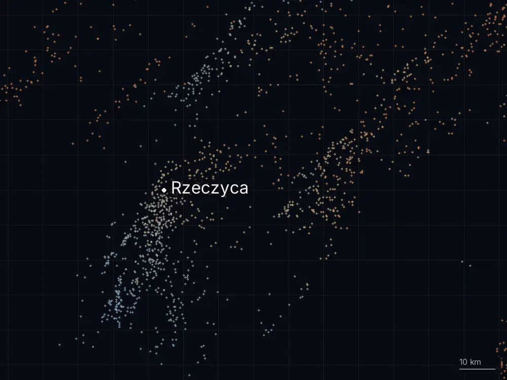 Karte der Blitze bei Rzeczyca am Samstag, 1. August 2026