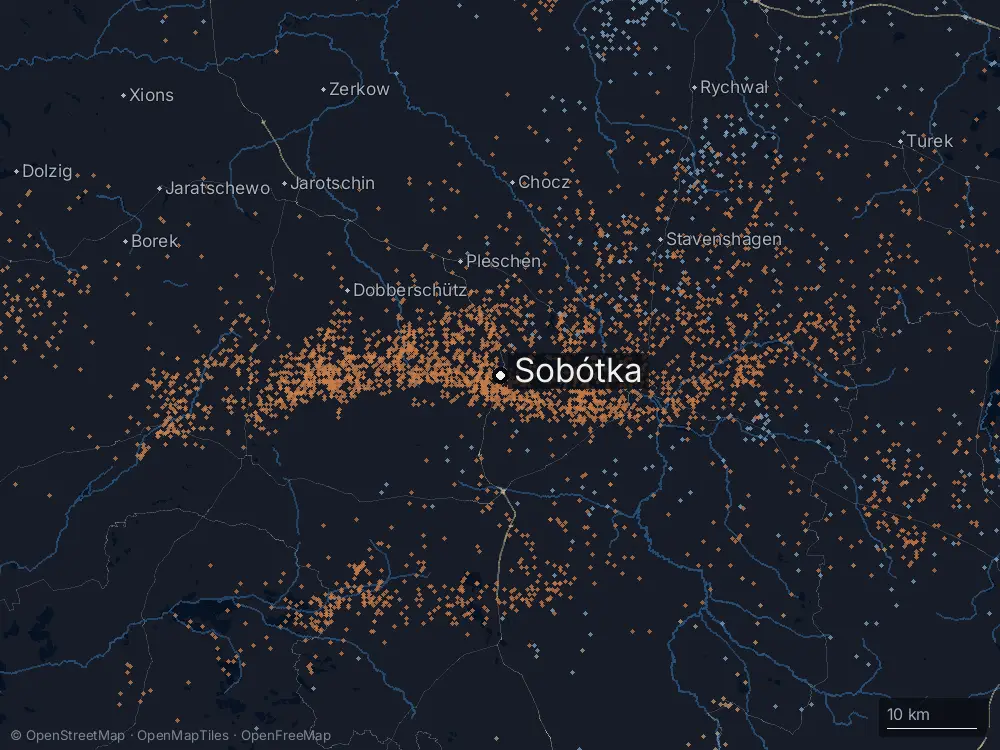 Karte der Blitze bei Sobótka am Samstag, 1. August 2026