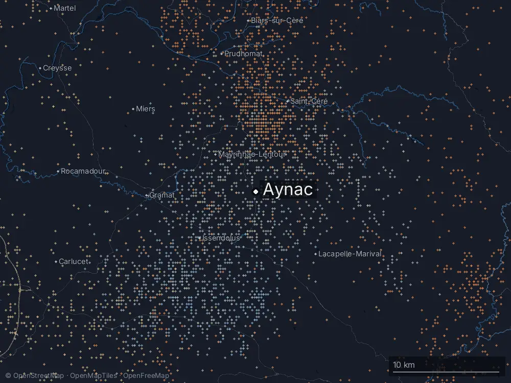 Karte der Blitze bei Aynac am Montag, 3. August 2026