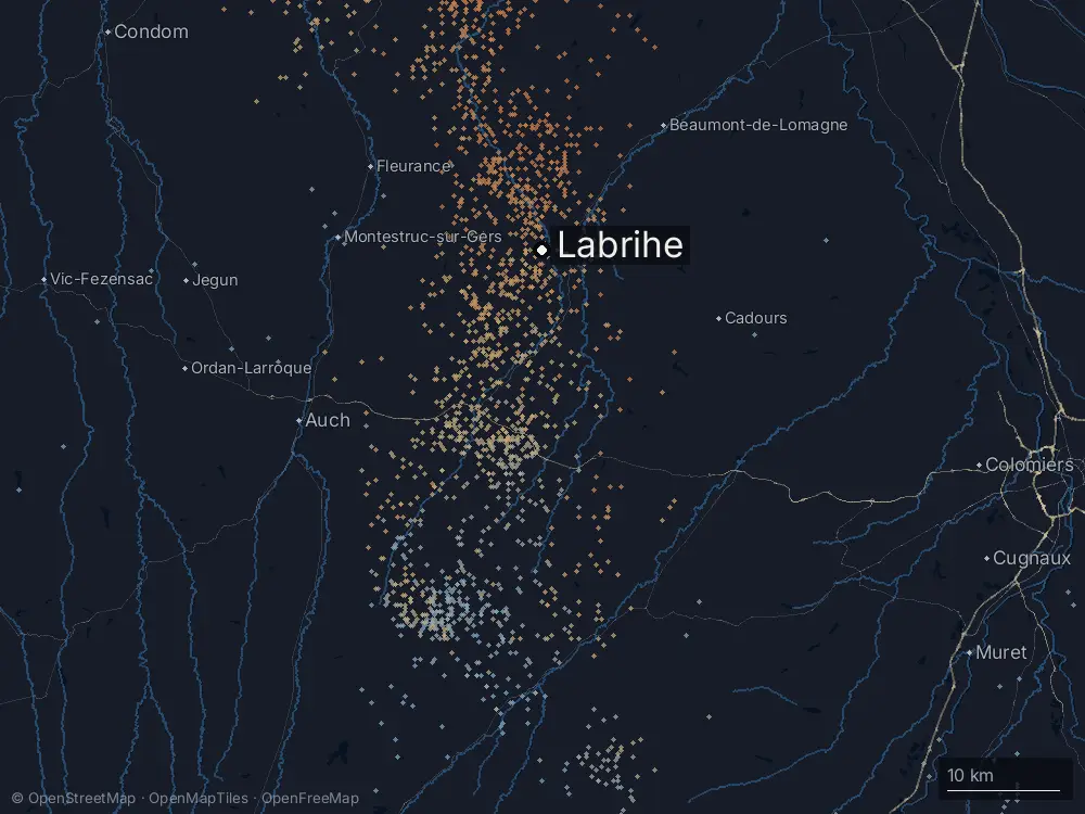 Karte der Blitze bei Labrihe am Montag, 3. August 2026