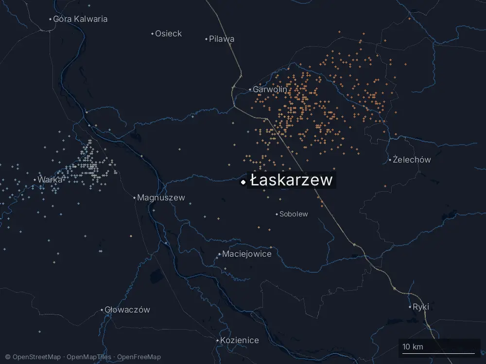 Karte der Blitze bei Łaskarzew am Montag, 3. August 2026