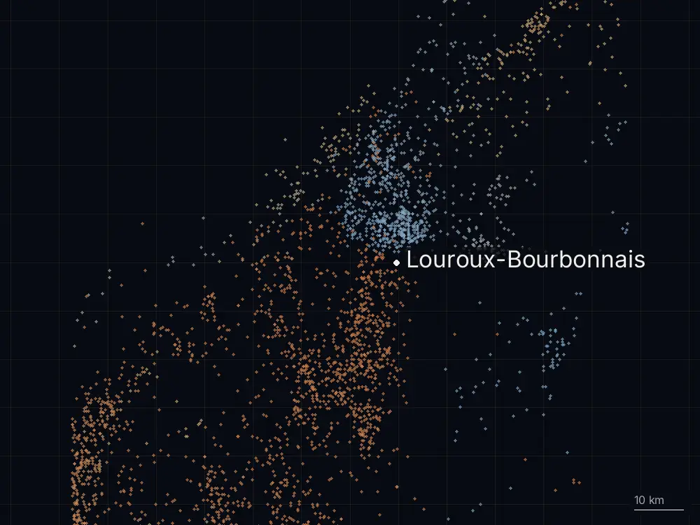 Karte der Blitze bei Louroux-Bourbonnais am Montag, 3. August 2026