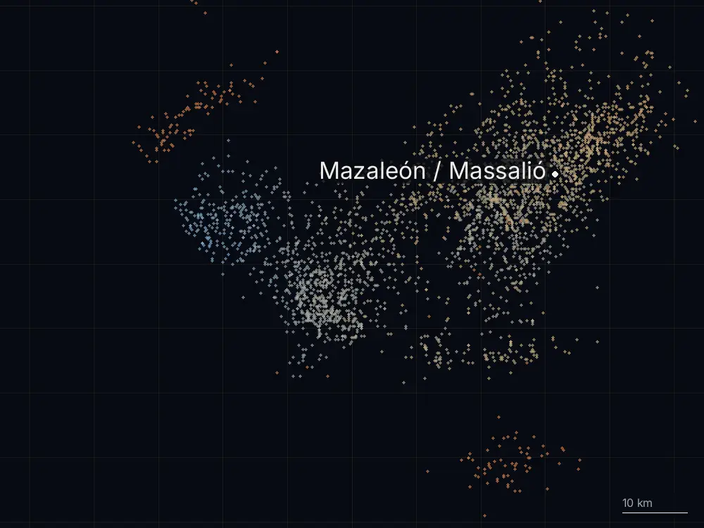 Karte der Blitze bei Mazaleón / Massalió am Montag, 3. August 2026