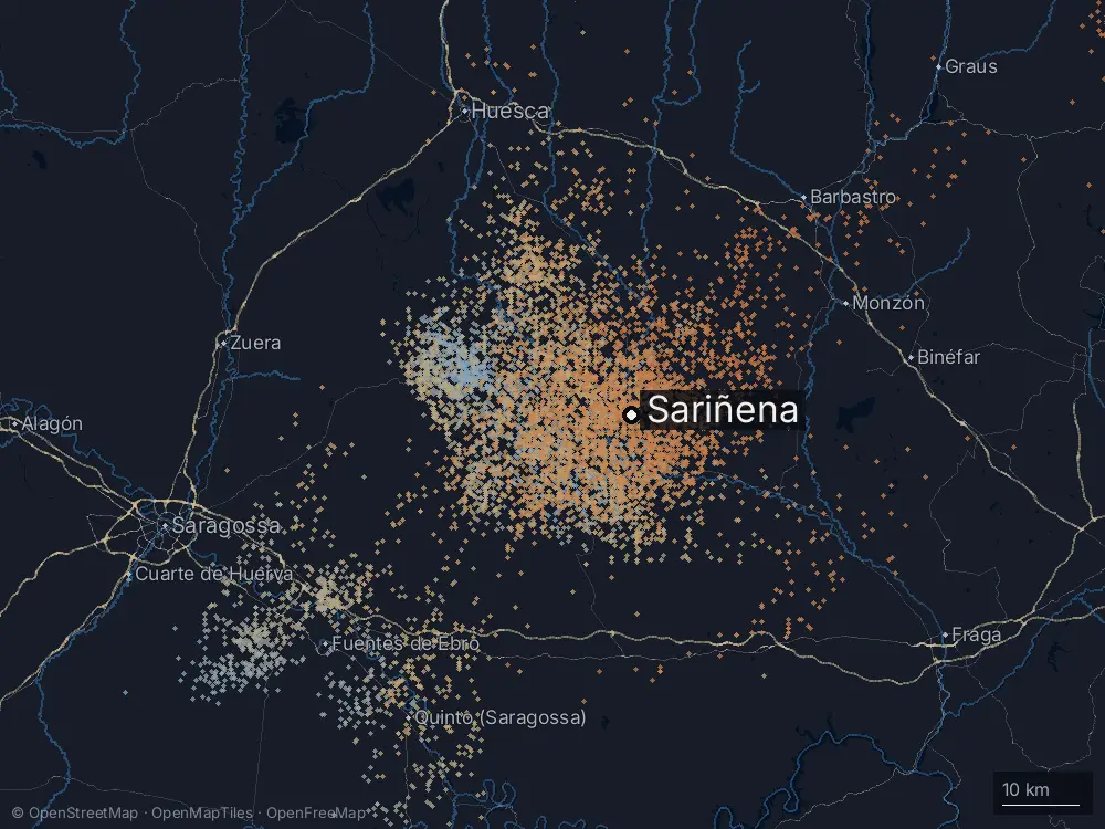 Karte der Blitze bei Sariñena am Montag, 3. August 2026
