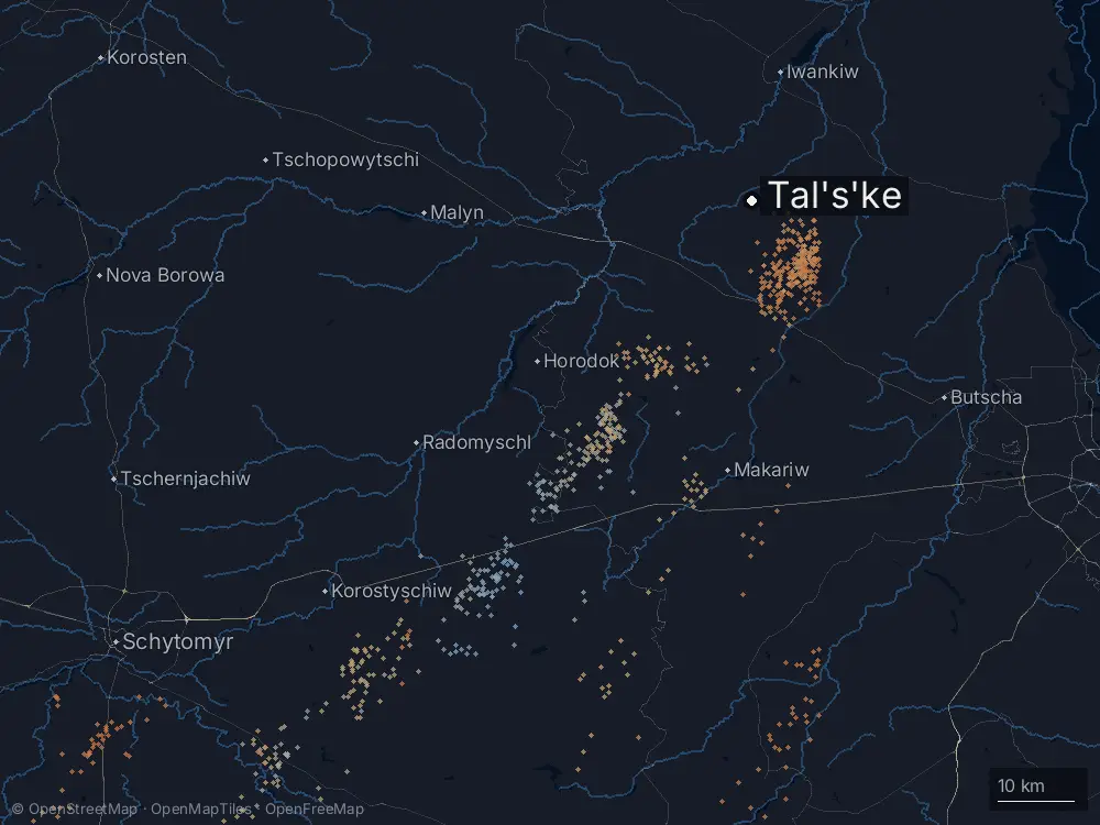 Karte der Blitze bei Tal's'ke am Montag, 3. August 2026