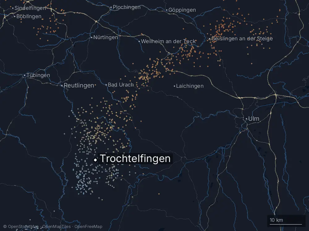 Karte der Blitze bei Trochtelfingen am Montag, 3. August 2026