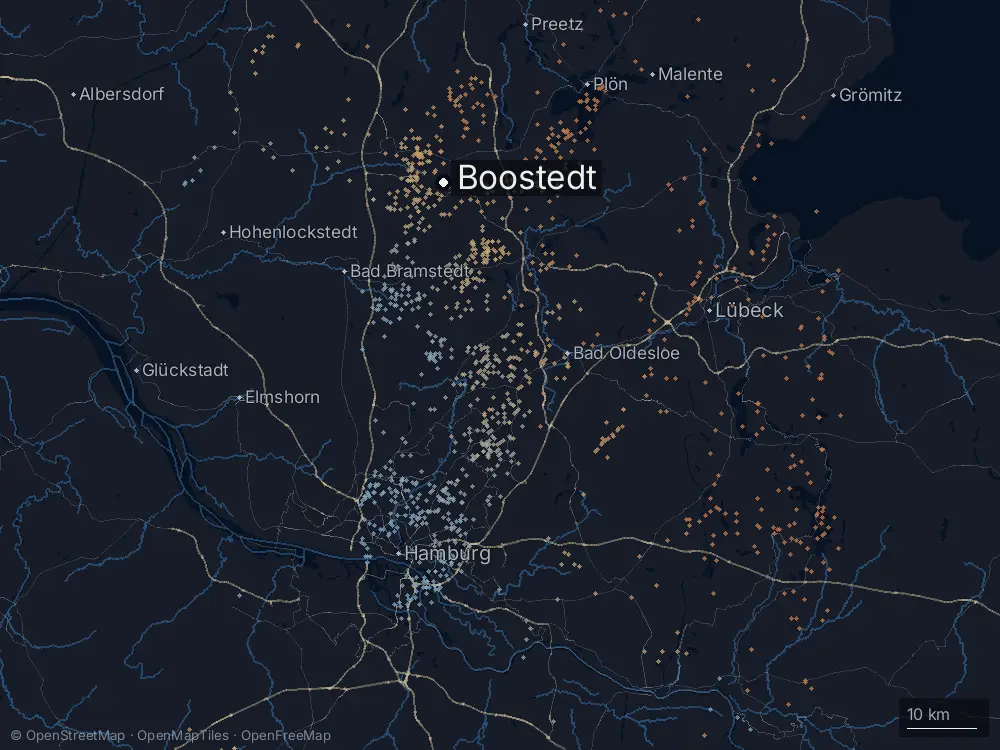Karte der Blitze bei Boostedt am Dienstag, 4. August 2026
