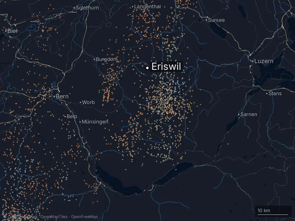 Karte der Blitze bei Eriswil am Dienstag, 4. August 2026