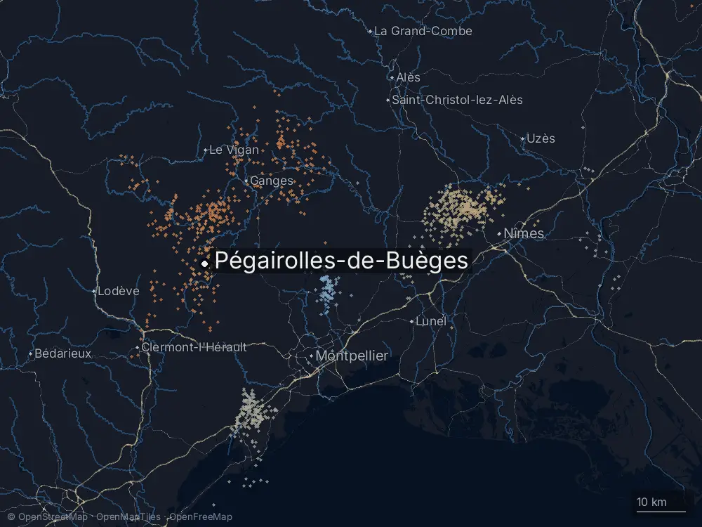 Karte der Blitze bei Pégairolles-de-Buèges am Dienstag, 4. August 2026