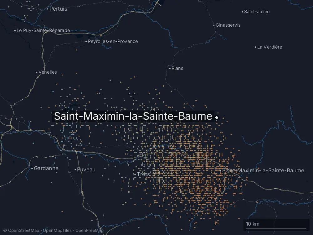 Karte der Blitze bei Saint-Maximin-la-Sainte-Baume am Dienstag, 4. August 2026