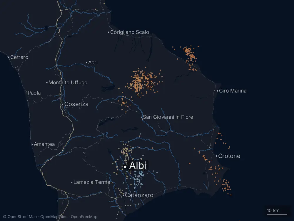 Karte der Blitze bei Albi am Mittwoch, 5. August 2026