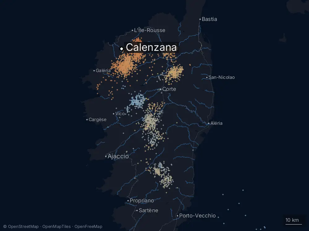 Karte der Blitze bei Calenzana am Mittwoch, 5. August 2026