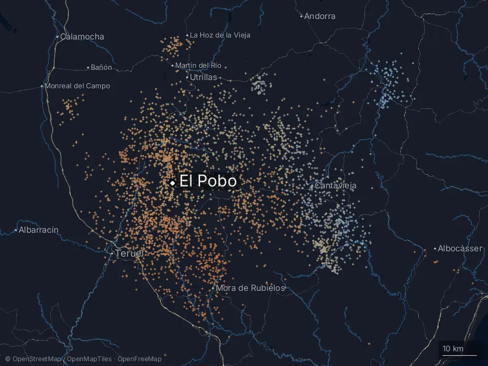 Karte der Blitze bei El Pobo am Mittwoch, 5. August 2026