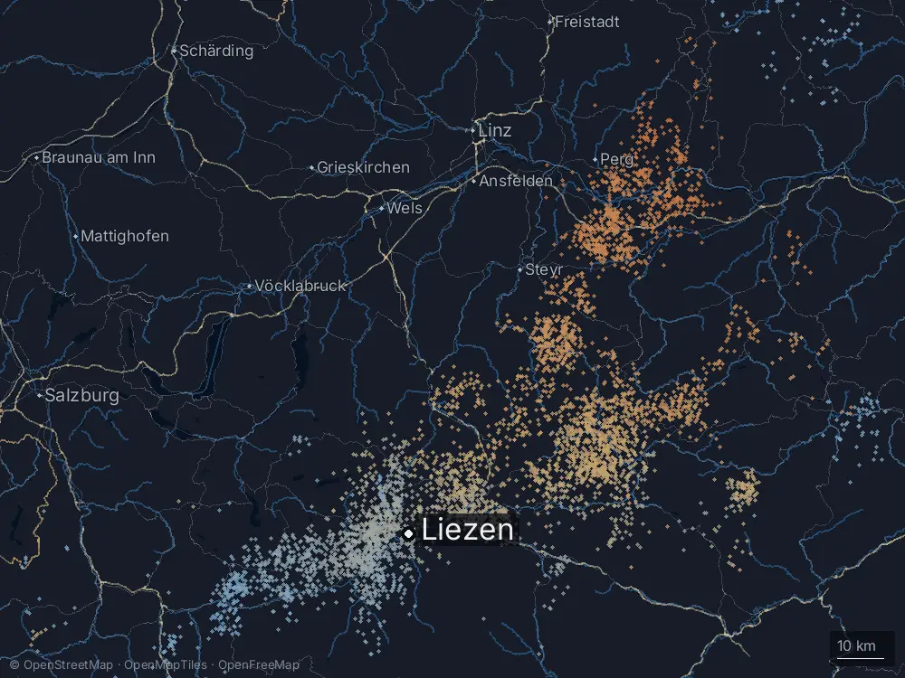 Karte der Blitze bei Liezen am Mittwoch, 5. August 2026