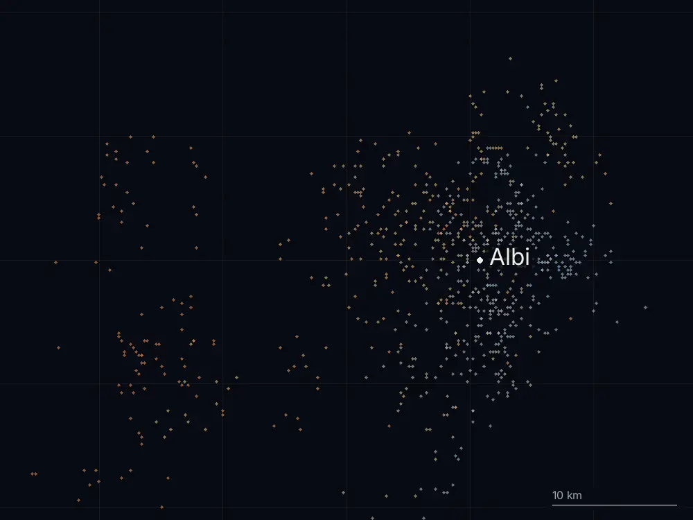Karte der Blitze bei Albi am Donnerstag, 6. August 2026