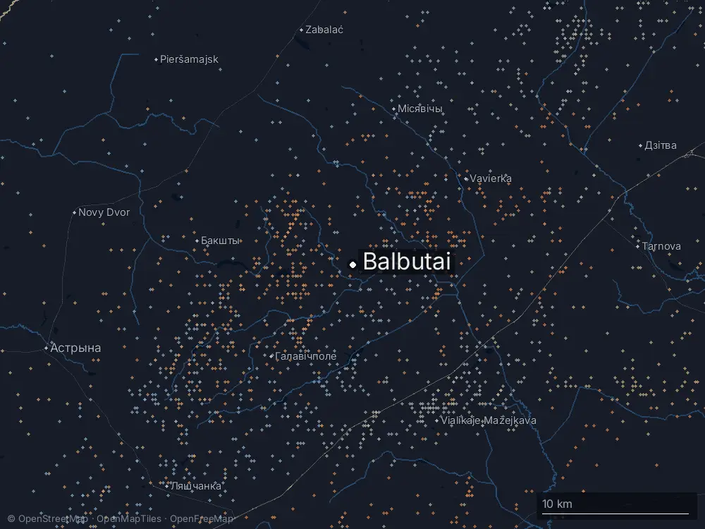 Karte der Blitze bei Balbutai am Donnerstag, 6. August 2026