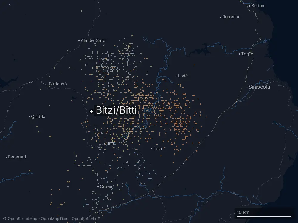 Karte der Blitze bei Bitzi/Bitti am Donnerstag, 6. August 2026