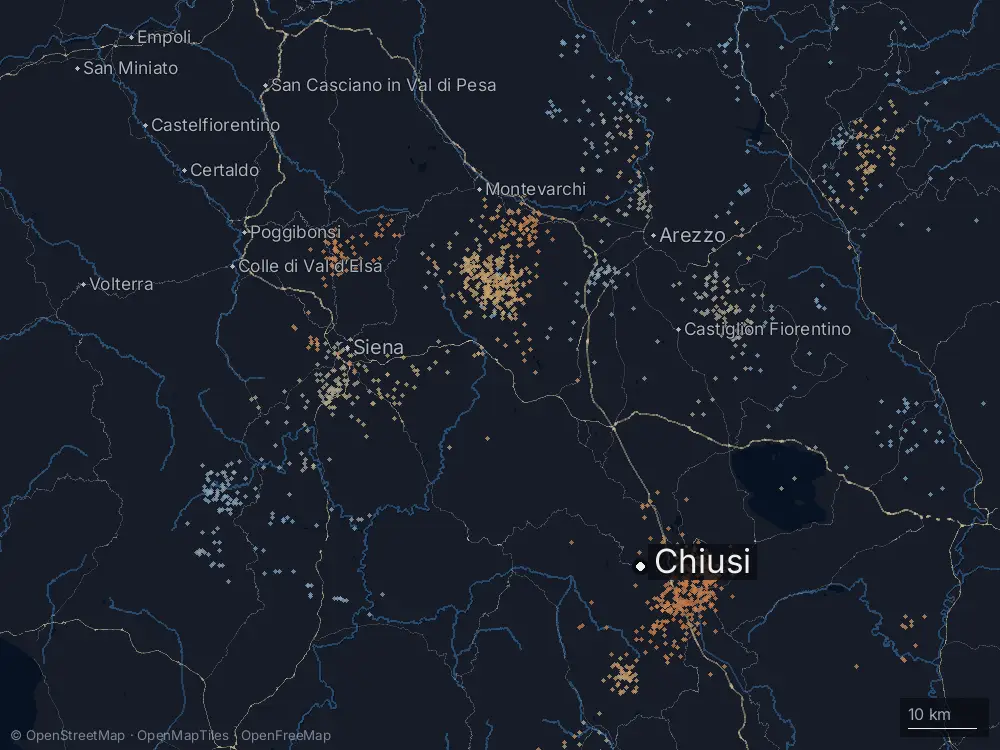 Karte der Blitze bei Chiusi am Donnerstag, 6. August 2026