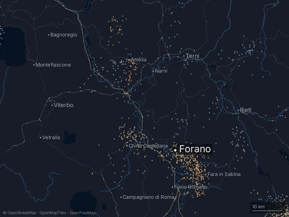 Karte der Blitze bei Forano am Donnerstag, 6. August 2026