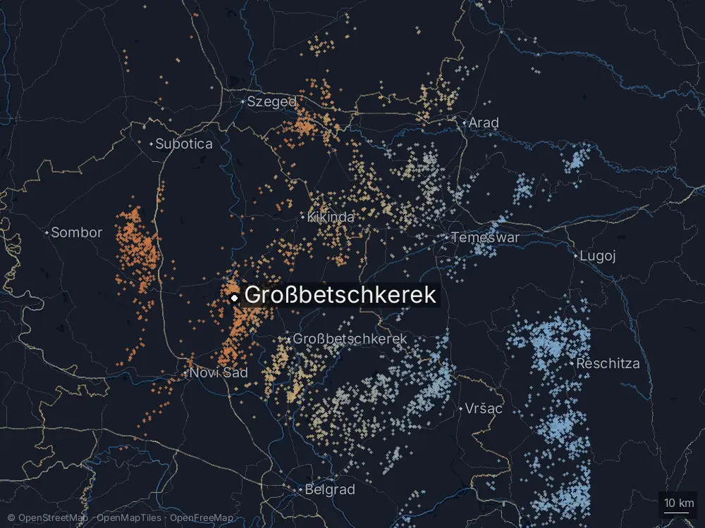 Karte der Blitze bei Großbetschkerek am Donnerstag, 6. August 2026